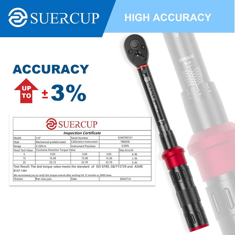 SUERCUP 1/4" 50 PCS Torque Wrench Set, 3-25Nm 72 Tooth Drive Click Torque Wrench Set with S2 Bit Sockets, 1/4" Extension Bar and 3/8" Adapter, Used for Bicycle Maintenance and DIY - Image 4